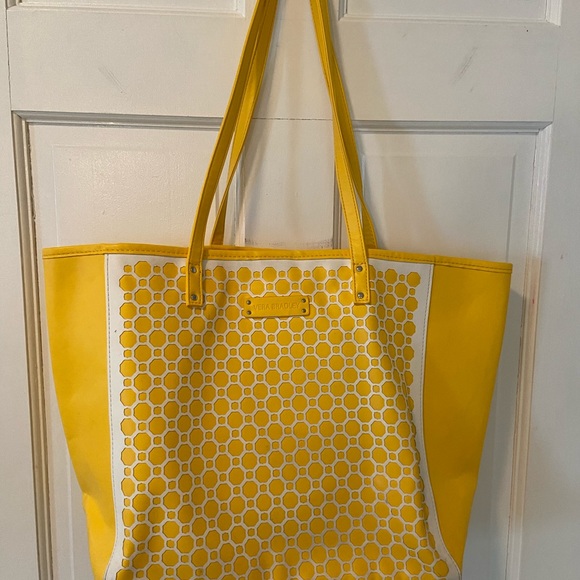 Vera Bradley yellow and white faux leather tote